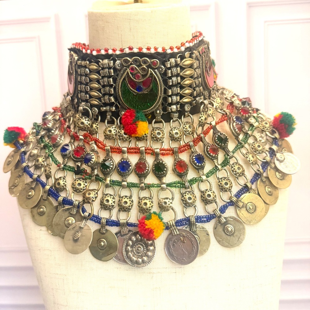 Vintage Tribal Choker Necklace Boho Coin Bib Red Green Glass Statement Piece!